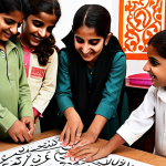 **A diverse group of Pakistani children participating in a hands-on learning activity, like building a small structure, with a smiling youth education guide facilitating. The scene should be bright and colorful, set in a safe and supportive environment, reflecting both emotional and physical security. Consider adding Urdu calligraphy in the background that subtly conveys themes of trust and understanding.**