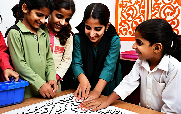 **A diverse group of Pakistani children participating in a hands-on learning activity, like building a small structure, with a smiling youth education guide facilitating. The scene should be bright and colorful, set in a safe and supportive environment, reflecting both emotional and physical security. Consider adding Urdu calligraphy in the background that subtly conveys themes of trust and understanding.**