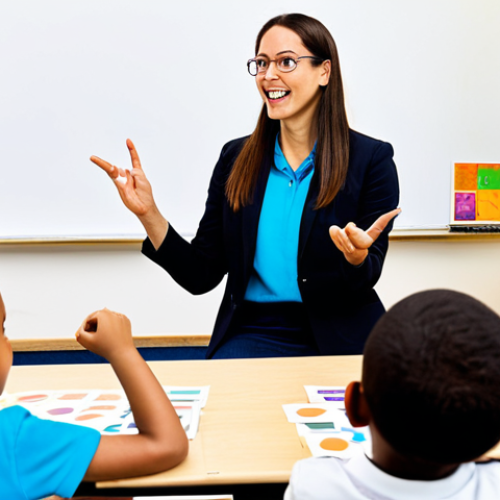 A professional female teacher, wearing a modest business casual outfit, fully clothed, engaging with a diverse group of young children in a bright, modern classroom. The teacher is actively demonstrating a concept using colorful flashcards and expressive hand gestures, while the children are seated attentively, showing interest and engagement. The setting includes educational posters and learning materials in the background. The scene depicts a positive and interactive learning environment. Perfect anatomy, correct proportions, natural pose, well-formed hands, proper finger count, natural body proportions, professional photography, high quality, safe for work, appropriate content, family-friendly.