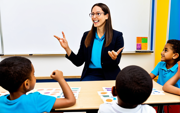 A professional female teacher, wearing a modest business casual outfit, fully clothed, engaging with a diverse group of young children in a bright, modern classroom. The teacher is actively demonstrating a concept using colorful flashcards and expressive hand gestures, while the children are seated attentively, showing interest and engagement. The setting includes educational posters and learning materials in the background. The scene depicts a positive and interactive learning environment. Perfect anatomy, correct proportions, natural pose, well-formed hands, proper finger count, natural body proportions, professional photography, high quality, safe for work, appropriate content, family-friendly.