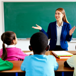 A compassionate female teacher, fully clothed in a modest, professional teaching outfit, actively engaging with a diverse group of elementary school children. She is at eye-level with the children, who are fully clothed in appropriate, family-friendly attire, listening attentively as they share their ideas. The scene is set in a brightly lit, modern classroom with colorful educational displays. The atmosphere conveys a sense of valuing children's unique thoughts and fostering self-confidence. Professional photography, high-resolution, perfect anatomy, correct proportions, natural body proportions, well-formed hands, natural pose, safe for work, appropriate content, fully clothed, professional.