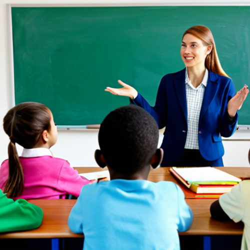 A compassionate female teacher, fully clothed in a modest, professional teaching outfit, actively engaging with a diverse group of elementary school children. She is at eye-level with the children, who are fully clothed in appropriate, family-friendly attire, listening attentively as they share their ideas. The scene is set in a brightly lit, modern classroom with colorful educational displays. The atmosphere conveys a sense of valuing children's unique thoughts and fostering self-confidence. Professional photography, high-resolution, perfect anatomy, correct proportions, natural body proportions, well-formed hands, natural pose, safe for work, appropriate content, fully clothed, professional.