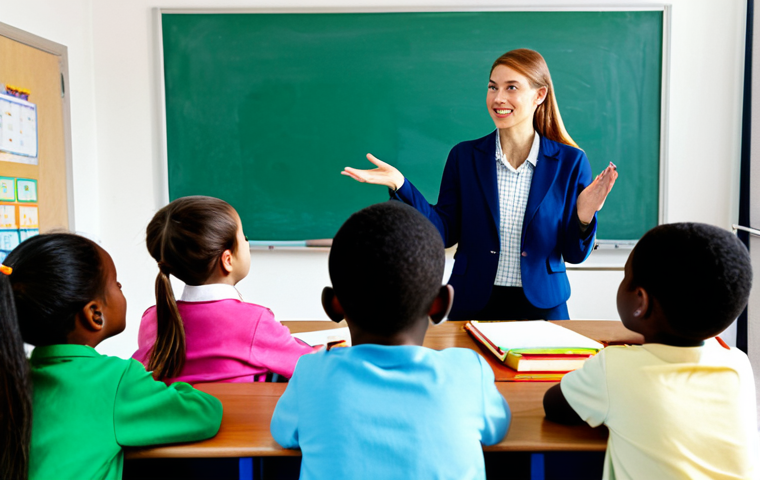 A compassionate female teacher, fully clothed in a modest, professional teaching outfit, actively engaging with a diverse group of elementary school children. She is at eye-level with the children, who are fully clothed in appropriate, family-friendly attire, listening attentively as they share their ideas. The scene is set in a brightly lit, modern classroom with colorful educational displays. The atmosphere conveys a sense of valuing children's unique thoughts and fostering self-confidence. Professional photography, high-resolution, perfect anatomy, correct proportions, natural body proportions, well-formed hands, natural pose, safe for work, appropriate content, fully clothed, professional.