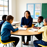 A professional female teacher in a modest business casual outfit, facilitating a collaborative group discussion among a diverse group of elementary school children. The children are fully clothed in age-appropriate, modest school attire, seated around a circular table in a brightly lit, modern classroom. The background shows educational posters and creative student artwork. Perfect anatomy, correct proportions, natural pose, well-formed hands, proper finger count, natural body proportions, professional photography, high quality, safe for work, appropriate content, fully clothed, family-friendly.