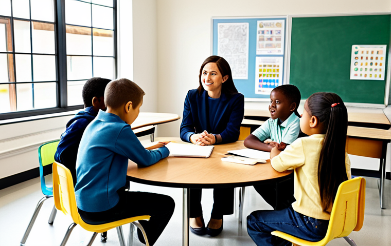 A professional female teacher in a modest business casual outfit, facilitating a collaborative group discussion among a diverse group of elementary school children. The children are fully clothed in age-appropriate, modest school attire, seated around a circular table in a brightly lit, modern classroom. The background shows educational posters and creative student artwork. Perfect anatomy, correct proportions, natural pose, well-formed hands, proper finger count, natural body proportions, professional photography, high quality, safe for work, appropriate content, fully clothed, family-friendly.