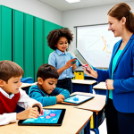 Modern Classroom Collaboration**

A diverse group of fully clothed children engaged in a creative project in a bright, modern classroom. The teacher, in professional attire, is facilitating and encouraging them. Some children are using tablets, others are drawing and painting. The scene emphasizes teamwork and interactive learning. Safe for work, appropriate content, fully clothed, family-friendly, perfect anatomy, natural proportions, high resolution, professional illustration.

**