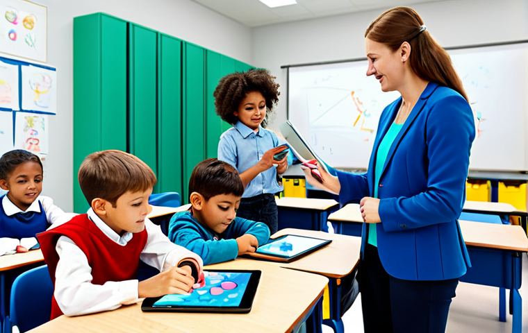 Modern Classroom Collaboration**
A diverse group of fully clothed children engaged in a creative project in a bright, modern classroom. The teacher, in professional attire, is facilitating and encouraging them. Some children are using tablets, others are drawing and painting. The scene emphasizes teamwork and interactive learning. Safe for work, appropriate content, fully clothed, family-friendly, perfect anatomy, natural proportions, high resolution, professional illustration.
**