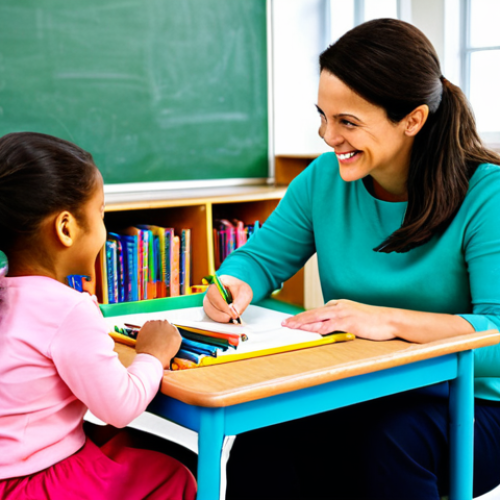 Building Connections**

A nursery teacher, fully clothed in a modest, colorful outfit appropriate for children, sits on a small chair in a brightly lit classroom, engaging with two young children. The children are drawing with crayons at a low table. The teacher smiles warmly, demonstrating perfect anatomy and natural proportions. Background: Shelves filled with books and toys, safe for work, appropriate content, family-friendly.

**