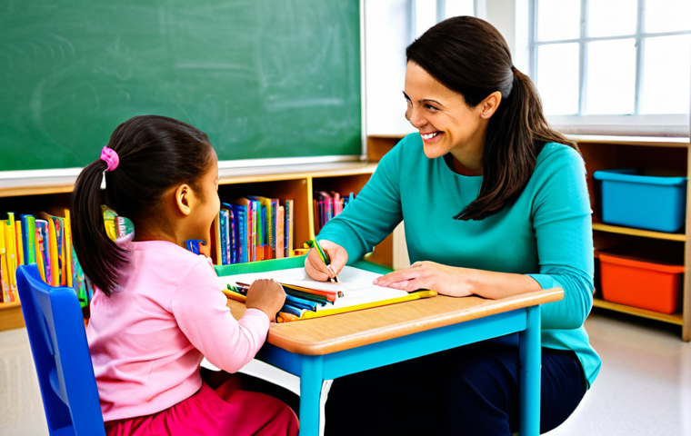 Building Connections**
A nursery teacher, fully clothed in a modest, colorful outfit appropriate for children, sits on a small chair in a brightly lit classroom, engaging with two young children. The children are drawing with crayons at a low table. The teacher smiles warmly, demonstrating perfect anatomy and natural proportions. Background: Shelves filled with books and toys, safe for work, appropriate content, family-friendly.
**