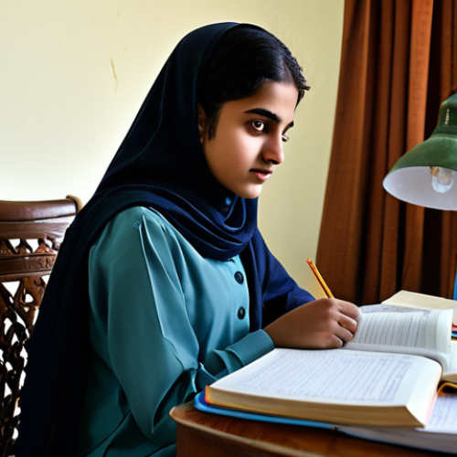 유아교육지도사 실기시험 중 발생할 수 있는 오류 - **Prompt:** "A young student, fully clothed in a modest shalwar kameez, sitting at a desk cluttered ...