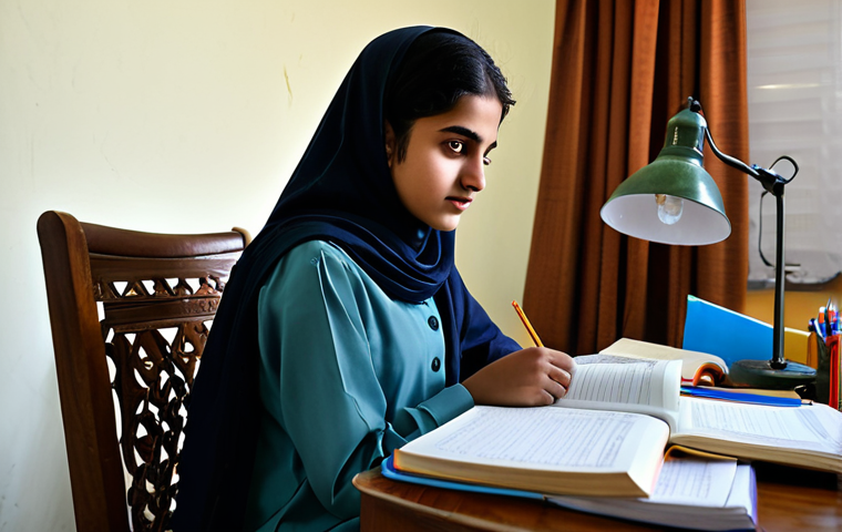 유아교육지도사 실기시험 중 발생할 수 있는 오류 - **Prompt:** "A young student, fully clothed in a modest shalwar kameez, sitting at a desk cluttered ...