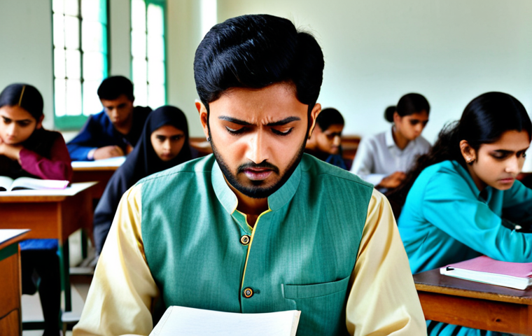 유아교육지도사 실기시험 중 발생할 수 있는 오류 - **Prompt:** "A young student, fully clothed in a modest shalwar kameez, sitting at a desk cluttered ...