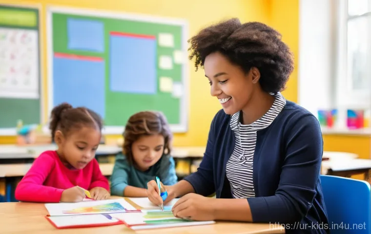 유아교육지도사로서 업무 일지 작성법 - **Prompt:** A vibrant, well-lit classroom filled with diverse young children (ages 4-7) engaged in v...