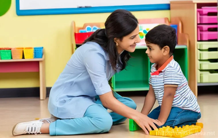 유아교육지도사 실기시험 중 발생할 수 있는 문제 해결법 - **Prompt 1: Empathetic Teacher Observing Child's Non-Verbal Cues**
"A kind, ethnically diverse f...