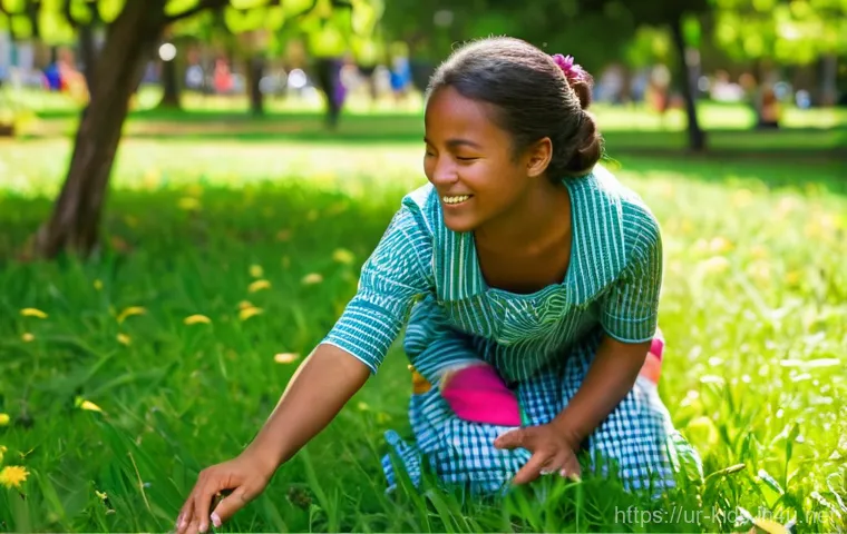 유아교육지도사 강의 준비 과정 중 피해야 할 실수 - **Fieldwork and Practical Application:** A bright, sunny day in a vibrant community park. A young, e...