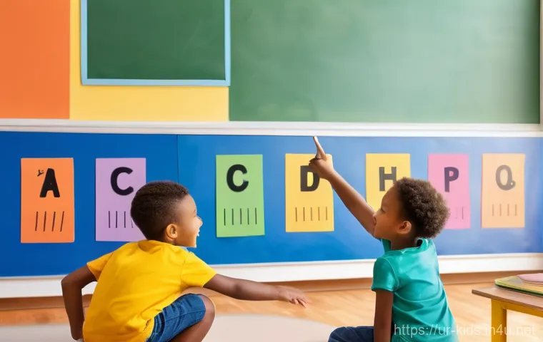 유아교육지도사 강의 중 사용 가능한 시각 자료 추천 - **Prompt:** "A vibrant and inviting elementary classroom scene. Three diverse young children, aged 5...