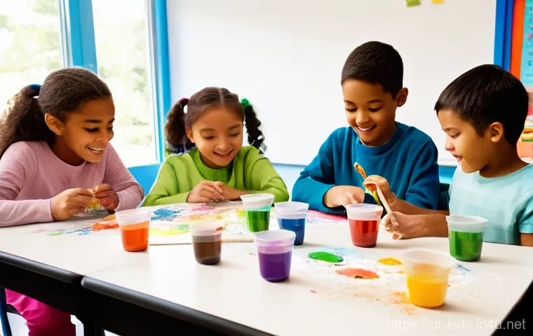 유아교육지도사 강의 중 활용 가능한 유머와 아이디어 - **Prompt:** A vibrant and engaging classroom scene filled with diverse children (ages 6-10) actively...
