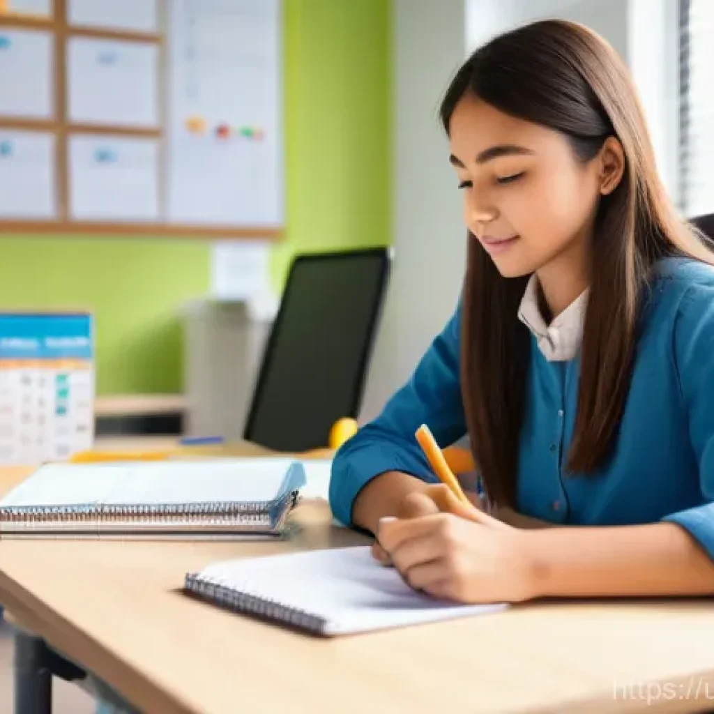 유아교육지도사 실무 중 시간 관리 꿀팁 - **Prompt:** A female primary school teacher, in her early 30s, sitting calmly at a clean, organized ...