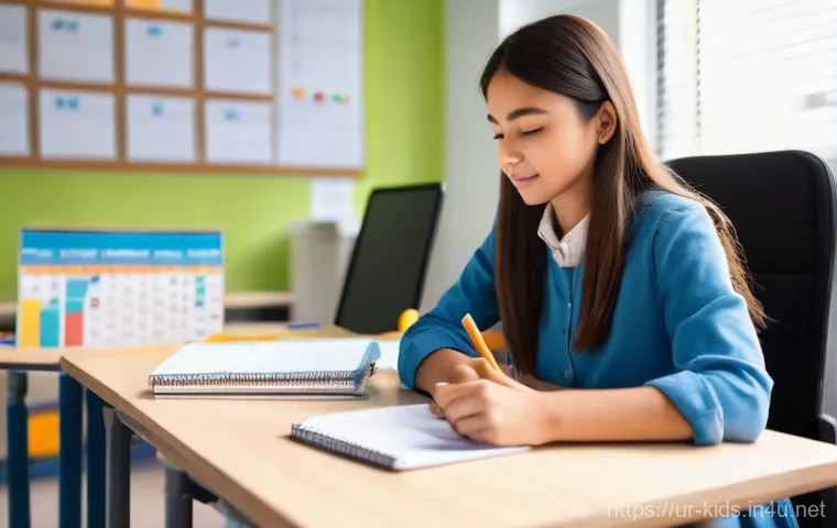 유아교육지도사 실무 중 시간 관리 꿀팁 - **Prompt:** A female primary school teacher, in her early 30s, sitting calmly at a clean, organized ...