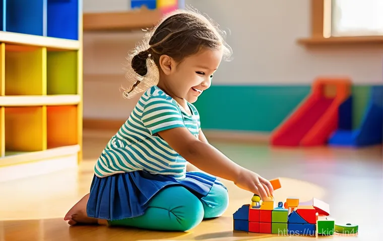 유아교육지도사 자격증 취득을 위한 스터디 그룹 모집 - A cheerful young child, approximately 4-5 years old, with bright, curious eyes, is happily engaged i...