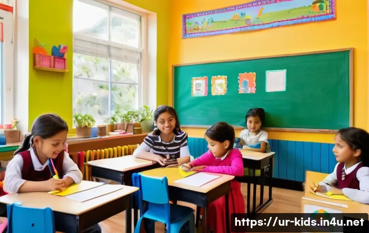 유아교육지도사 직업 만족도를 높이는 방법 - **Prompt:** A vibrant, colorful classroom filled with elementary school children, aged 6-10, engaged...