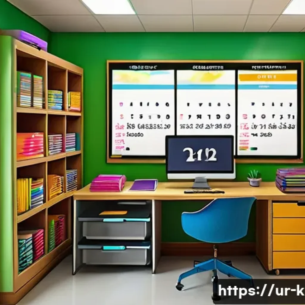 유아교육지도사로서의 교육 자료 보관법 - A modern teacher’s workspace in a bright, organized classroom featuring a large wooden desk with nea...