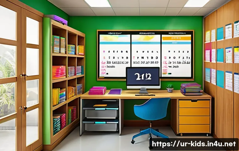 유아교육지도사로서의 교육 자료 보관법 - A modern teacher’s workspace in a bright, organized classroom featuring a large wooden desk with nea...