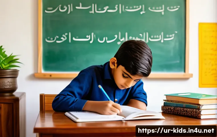 유아교육지도사 자격증 시험 합격을 위한 유용한 팁 - A focused young South Asian boy studying at a wooden desk in a cozy, well-lit room decorated with Ur...