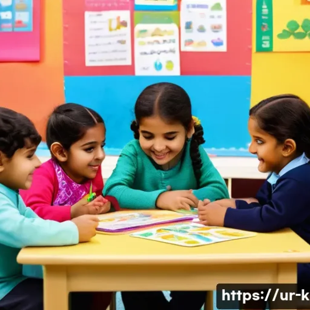 유아교육지도사 실무에서 필요한 도구 - A vibrant classroom scene featuring young South Asian children aged 3 to 6, sitting around a colorfu...