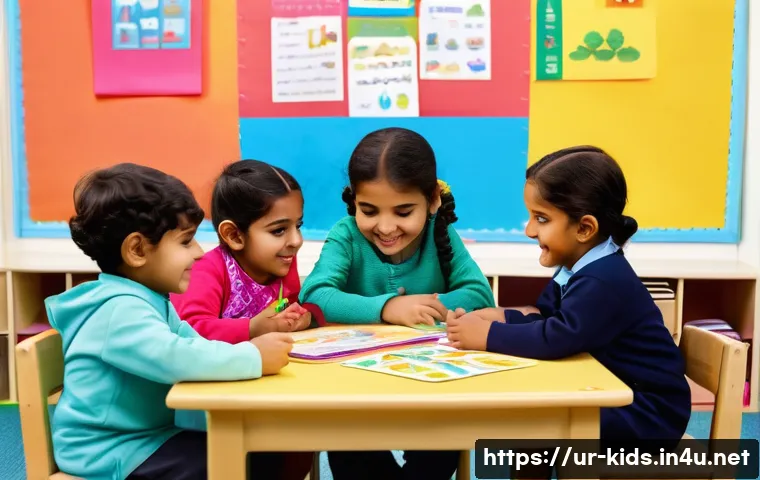 유아교육지도사 실무에서 필요한 도구 - A vibrant classroom scene featuring young South Asian children aged 3 to 6, sitting around a colorfu...