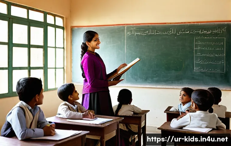 유아교육지도사 실기시험 채점 가이드 - A detailed classroom scene showing a confident South Asian female teacher in traditional attire, wea...