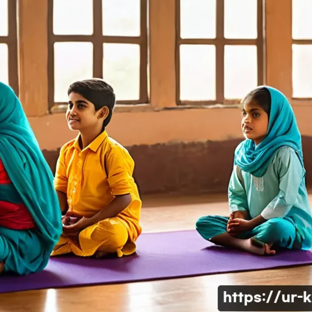 유아교육지도사 자격증 시험 시 실기시험의 중요성 - A warm, inviting classroom scene in a Pakistani school where a female yoga instructor dressed modest...