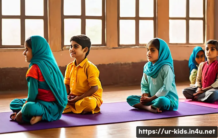 유아교육지도사 자격증 시험 시 실기시험의 중요성 - A warm, inviting classroom scene in a Pakistani school where a female yoga instructor dressed modest...