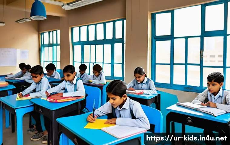 유아교육지도사 근무 지역 선택 팁 - A vibrant urban classroom scene in a modern Pakistani city school, featuring a diverse group of chil...
