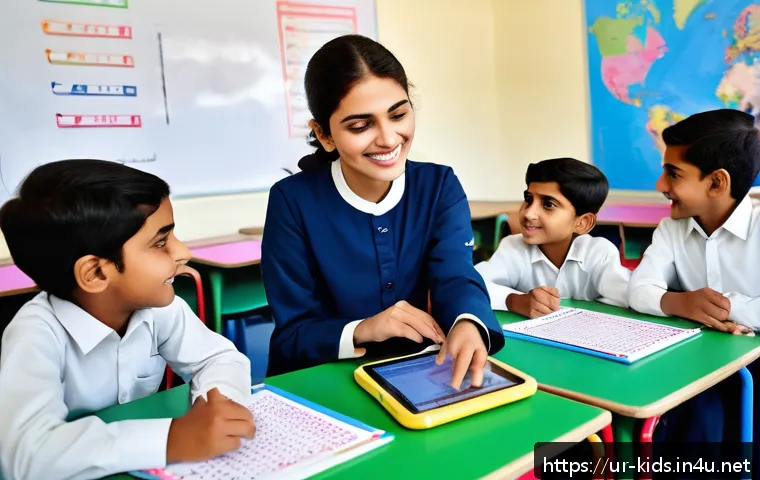 유아교육지도사 실무 노하우 - A bright and colorful classroom scene in a modern Pakistani school, featuring young children wearing...