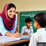Home 21 유아교육지도사로서의 직장 생활 에티켓 - A warm and respectful classroom scene in a modern Pakistani school, showing a male teacher and a mot...