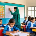 Home 20 유아교육지도사 자격증 시험 과목별 공부 전략 - A vibrant classroom scene in a modern Pakistani school with young Urdu-speaking children sitting att...