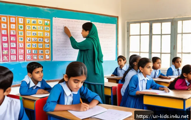 유아교육지도사 자격증 시험 과목별 공부 전략 - A vibrant classroom scene in a modern Pakistani school with young Urdu-speaking children sitting att...