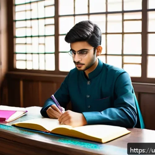 Home 31 유아교육지도사 실기 시험 채점기준 - A focused young South Asian student in traditional Pakistani attire sitting at a wooden desk with ne...