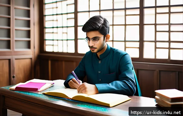 유아교육지도사 실기 시험 채점기준 - A focused young South Asian student in traditional Pakistani attire sitting at a wooden desk with ne...