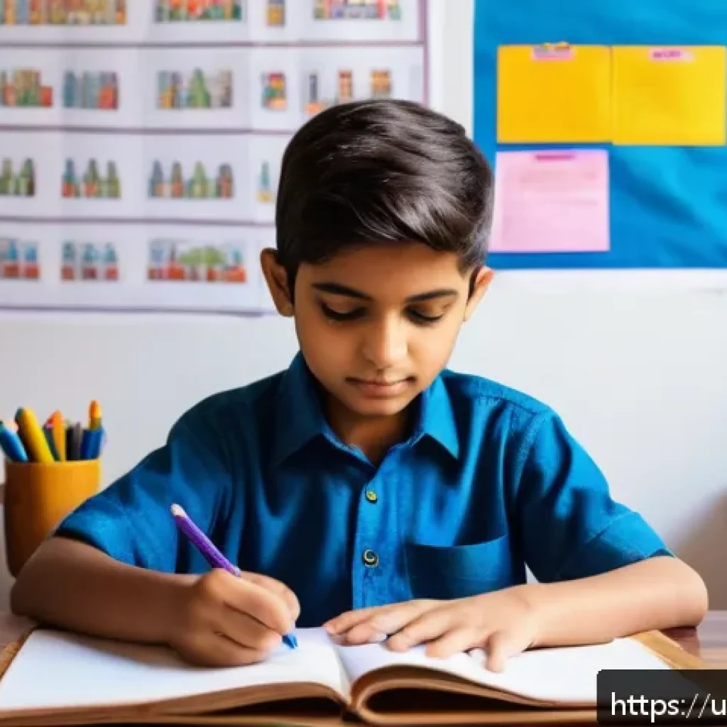 유아교육지도사 필기시험 대비 필수 암기 자료 - A bright and colorful study room scene featuring a young South Asian student wearing modest clothing...