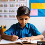 Home 18 유아교육지도사 필기시험 대비 필수 암기 자료 - A bright and colorful study room scene featuring a young South Asian student wearing modest clothing...