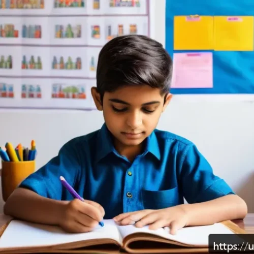 Home 30 유아교육지도사 필기시험 대비 필수 암기 자료 - A bright and colorful study room scene featuring a young South Asian student wearing modest clothing...