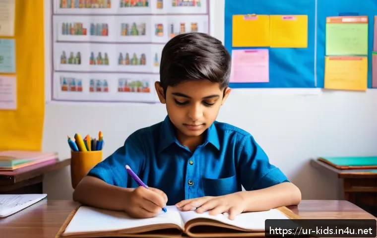 유아교육지도사 필기시험 대비 필수 암기 자료 - A bright and colorful study room scene featuring a young South Asian student wearing modest clothing...