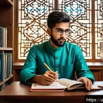 Home 23 유아교육지도사 관련 논문 검색법 - An elegant digital library scene showcasing a South Asian university student in traditional shalwar ...