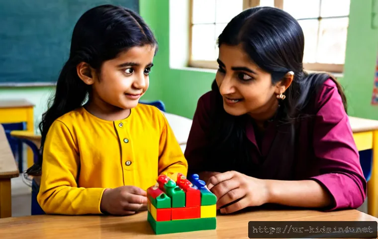 Home 17 유아교육지도사로서의 멘토링 역할 - Photorealistic early childhood education mentor in modest professional attire warmly guiding a young...
