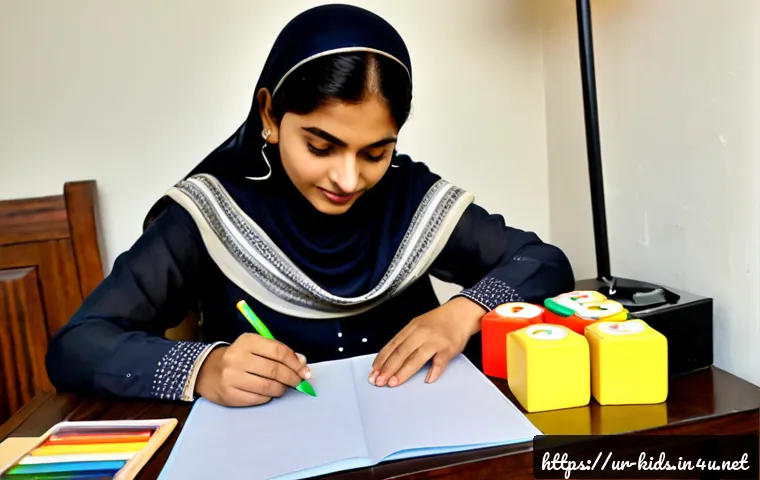 Home 17 유아교육지도사 실기시험 전날 체크리스트 - Photorealistic evening study desk in a Pakistani home, a modest adult woman in a simple shalwar kame...
